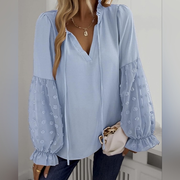 New Boho Flowy Peasant Tie Neck Swiss Dot Blouse Top Light Blue - Picture 1 of 8
